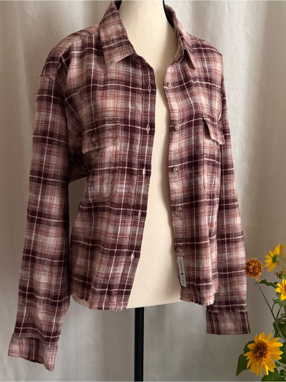 NWT Lucky Brand Cropped Flannel Shirt L Burgundy Plaid Cotton Grunge